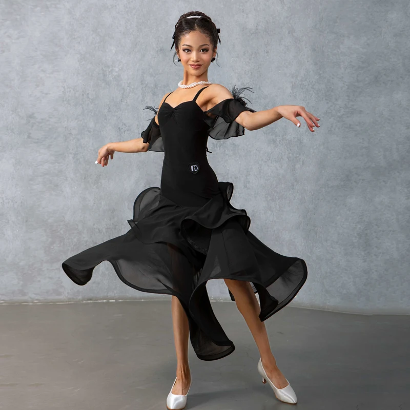 Fashion National Standard Latin Dance Dresses Black Latin Top Cake Skirt Girls Waltz Ballroom Dance Professional Wear SL10500