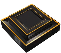 Elegant Disposable Plastic Dinner Plates,Heavy Duty Fancy Square Black with Gold Rim Plastic Salad/Dessert Plates for Party