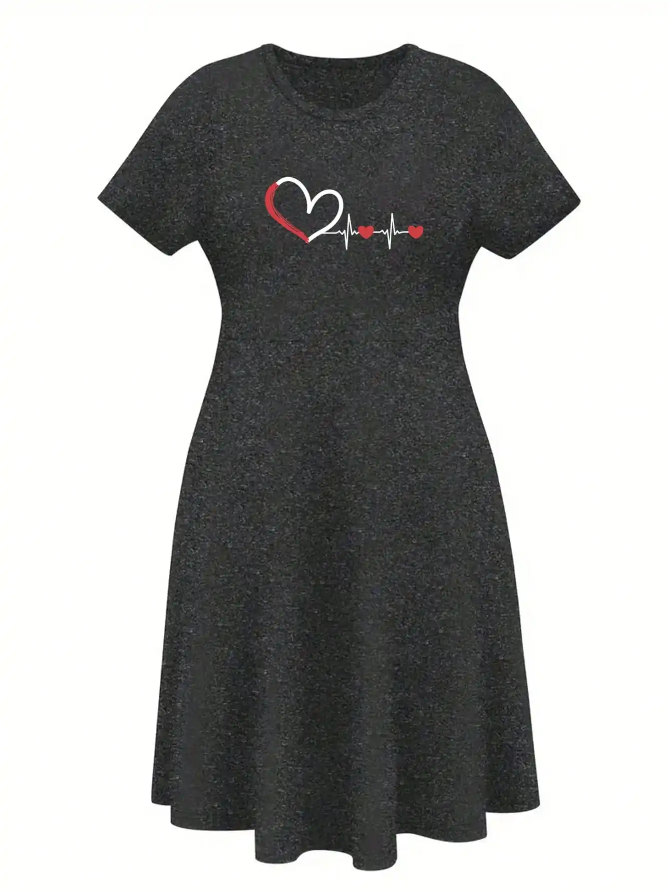 2026 Damen Vier-Jahreszeiten-Kleid mit 'Liebe auf den ersten Blick' und 'Herzschlag'-Aufdruck, Lässiges Loses Schwarzes Kurzarm-Kleid mit Großem Kurzem Rock – Detail 11