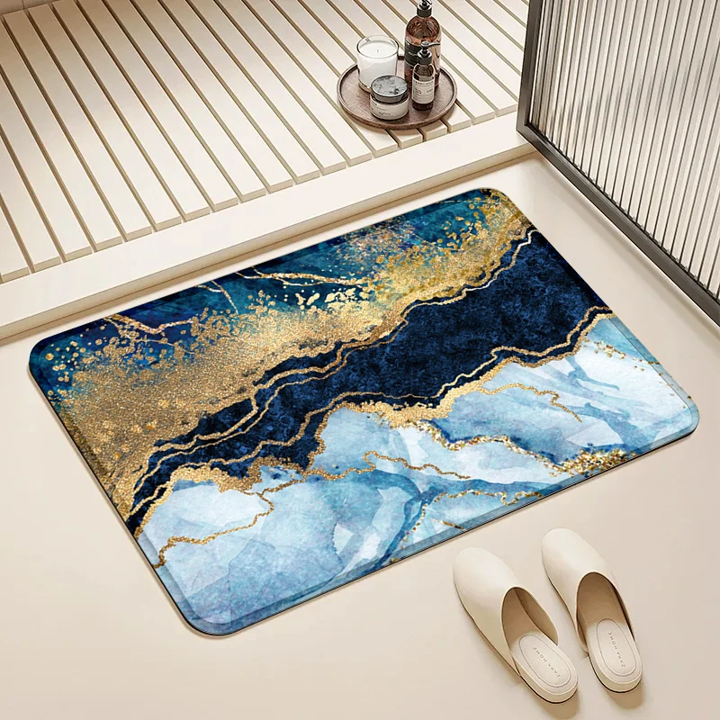 

Blue & Gold Marble Flannel Doormat Non-Slip Absorbent Soft Floor Mat for Entryway Bathroom Kitchen Luxury Home Decor