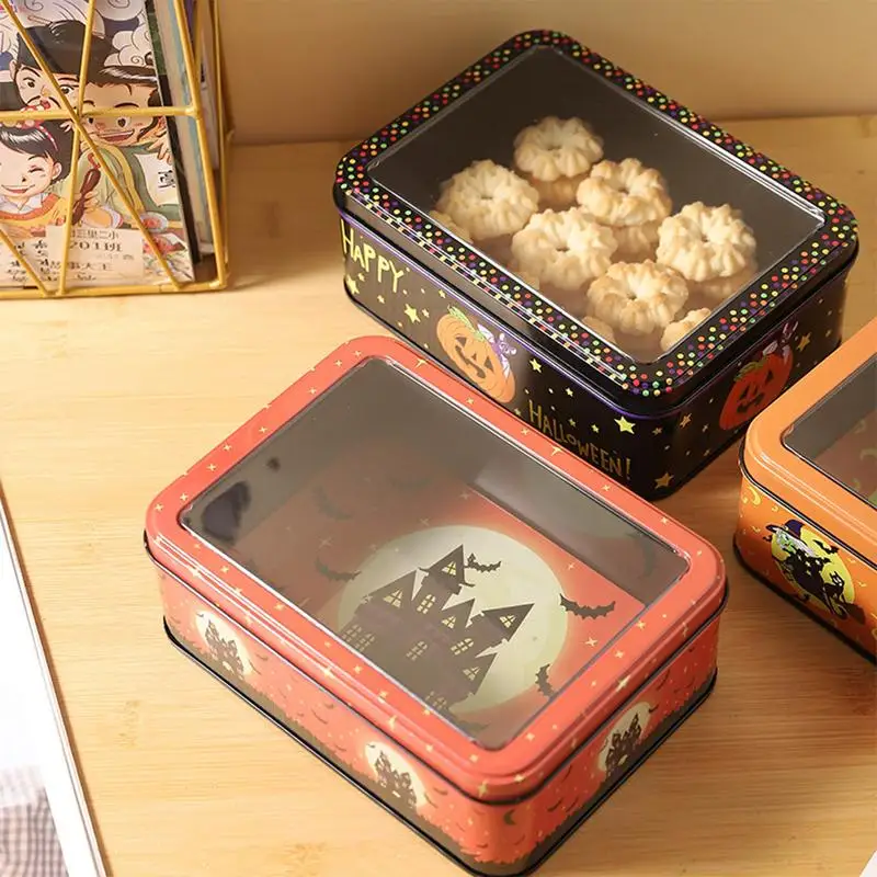 Halloween Metal Rectangular Tin Box Tea Coffee Organizer Case Cookie Gift Box Candy Box Tinplate Push Candy Pill Cases Bins Jar