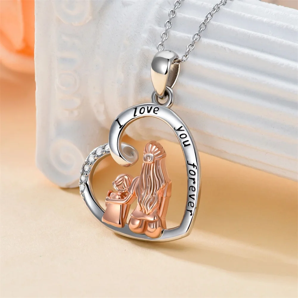 Mother and Child Daughter Love Heart Pendant Necklace with Card Box Jewelry for Mom Daughters Sister Mothers Day Gifts 2023