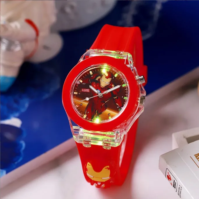 Disney Mickey Mouse Relógios para Meninas, Silicone Strap, Luz Colorida, Spiderman Student Quartz Watch, Infanti Birthday Gift