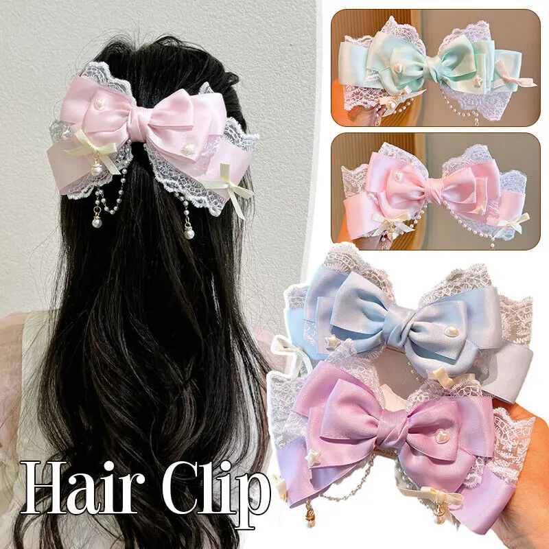 Lolita Bow Lace Hair Clip Headpiece Cosplay Headwear Women Hair Accessories Lolita Handmade Lace Pearl Hair Band Headband Bow