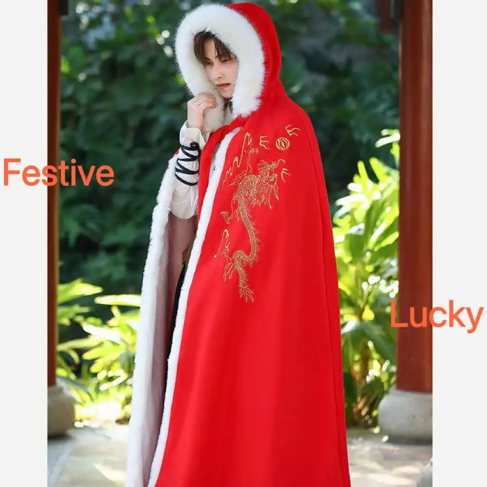 Capa de inverno vermelha da sorte, masculina, feminina, tradicional chinesa, casamento, hanfu, longo, robe, dragão, bordado, gola de pelúcia, capa de evento de natal