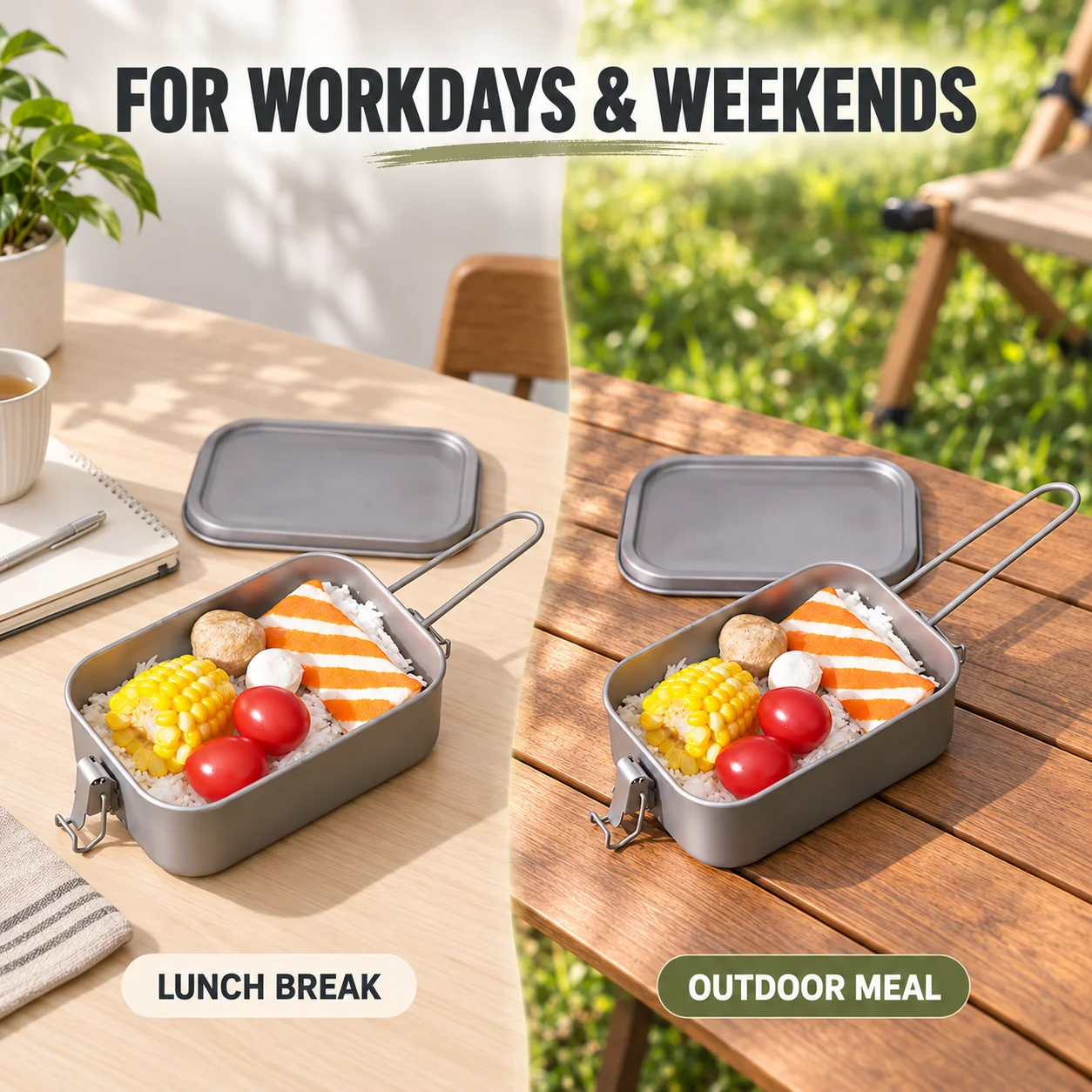Lunchbox aus reinem Titan mit Deckel, Bento-Box mit Verschlussklammern, 800 ml oder 1200 ml, optionaler, zusammenklappbarer Griff, ideal für Camping und Arbeit. – Detail 5