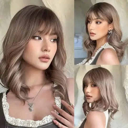 

Brown Ombre Wig with Bangs Short Curly Wavy Wigs Shoulder Length Synthetic Wig Daily Use Heat Resistant Fake Hair for Women