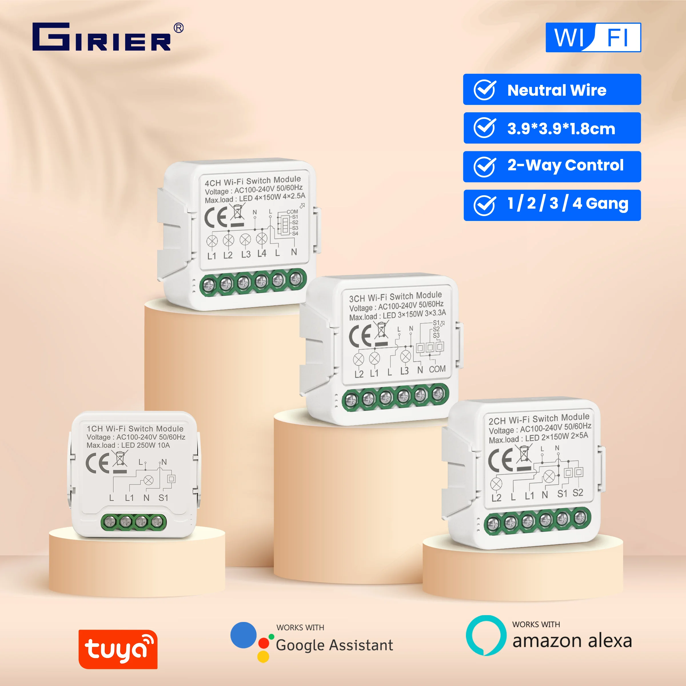 GIRIER Tuya Smart Switch Module WiFi Light Breaker 100-240V Supports 2-way Control for Home Automation Support Alexa Hey Gooigle