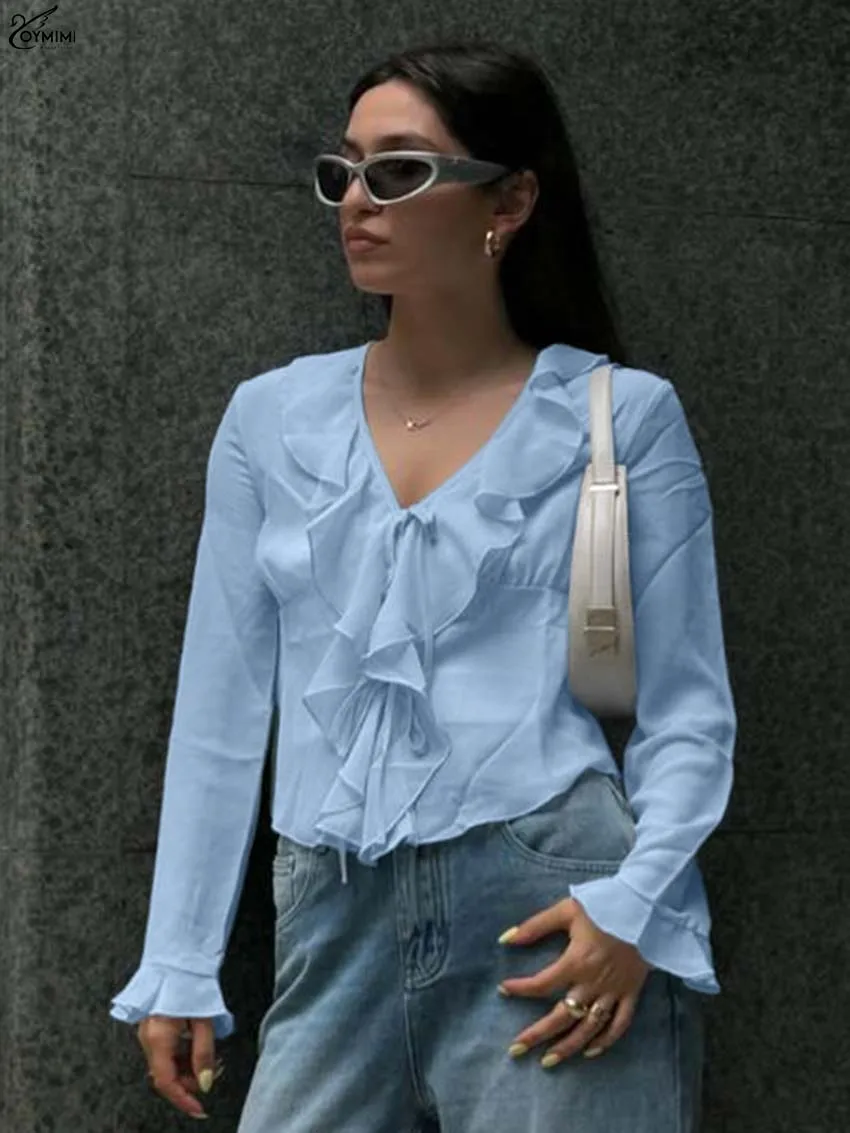 

Oymimi Fashion Blue V-Neck Woman Blouses Autumn Casual Long Sleeve Ruffled Solid Blouses Elegant Lace-Up Slim Blouse Streetwear