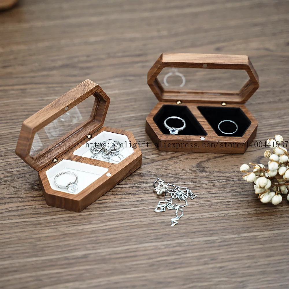 

Walnut Wood Jewelry Box with Display Window - Wedding Ring & Earring Showcase Necklace Storage Case with Viewing Panel