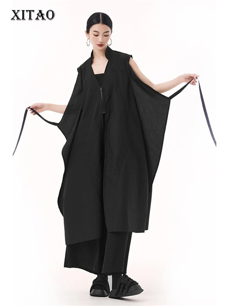 

XITAO без рукавов на молнии, бандажное ложное платье из двух предметов до середины икры, однотонное повседневное женское новое летнее платье с v-образным вырезом GYX1803