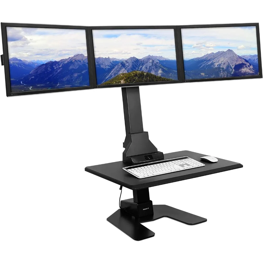 Triple Monitor Electric Standing Desk Converter - 3 Screens Stand Up Desk Riser - Height Adjustable Desktop & 3 Mounts for