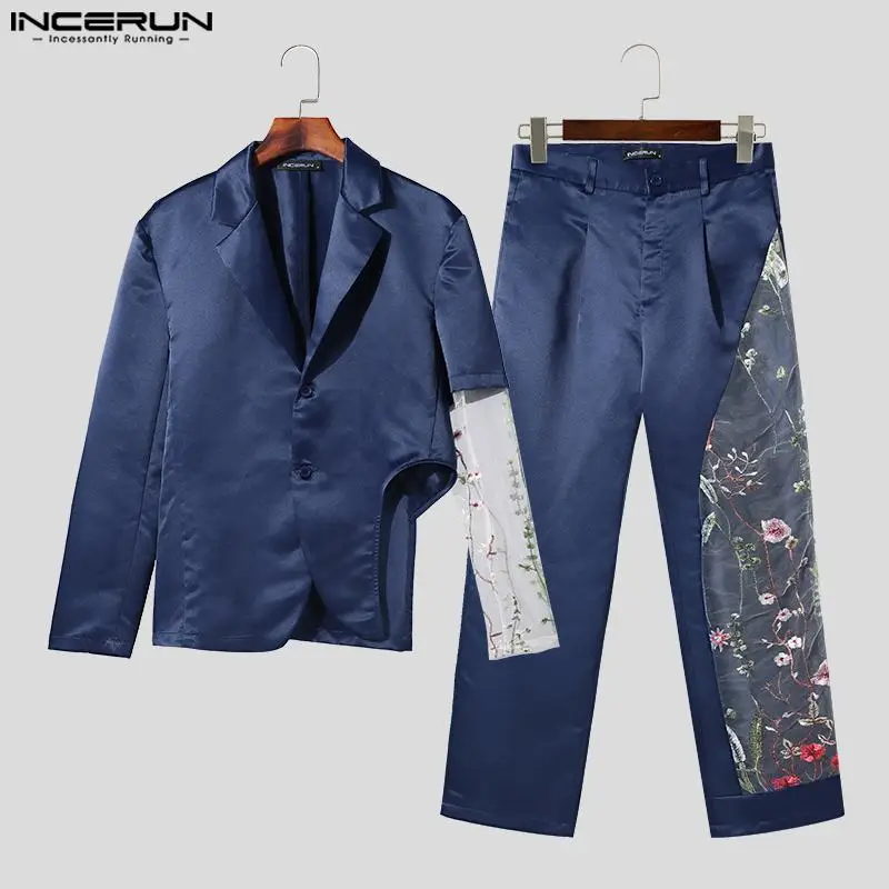 INCERUN-Conjunto de ropa de calle de malla bordada para hombre, Blazer y pantalones de manga larga con solapa, 2 piezas, trajes informales a la