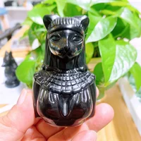 Natural Black Obsidian Egyptian Cat Woman Carving Hand Crystal Carved Figurine Energy Gemstone Crafts Home Decoration Gift 1pcs
