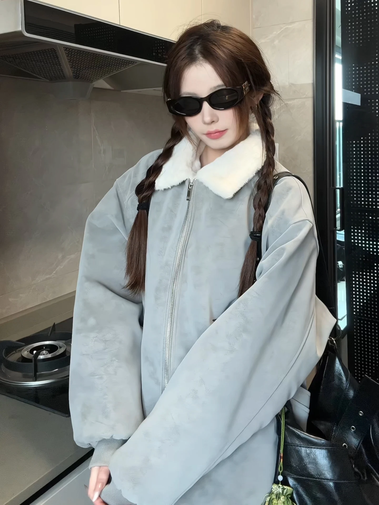 

Thiened American High Street Couple Lamb Velvet PU Leather Jaet Cotton Workwear Men's Women's Winter Coat Barn Sle