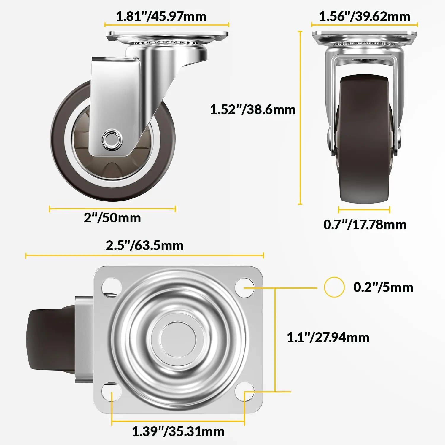 1/ 2 Inch Swivel Caster Wheels for Furniture Rubber Casters Set of 4 Heavy Duty of 600 Lbs No Noise  Plate Castors for Cabinet