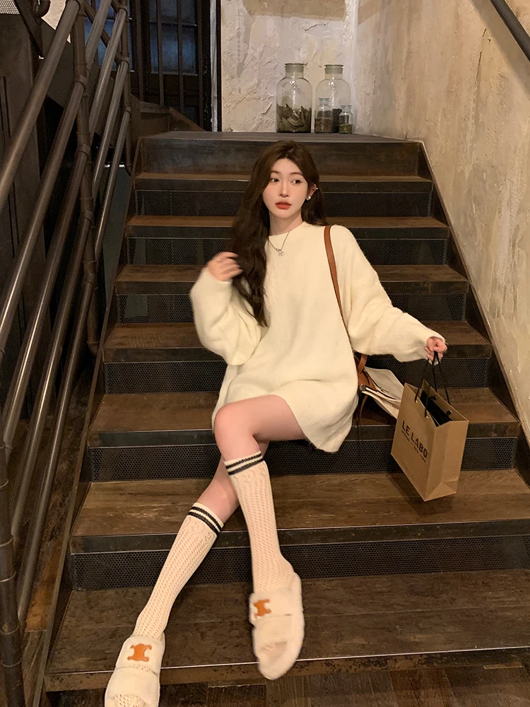 

Chen Dauyu женский свитер средней длины Thiened вязаный накладной осень-зима свободного покроя теплая белая верхняя одежда трикотаж