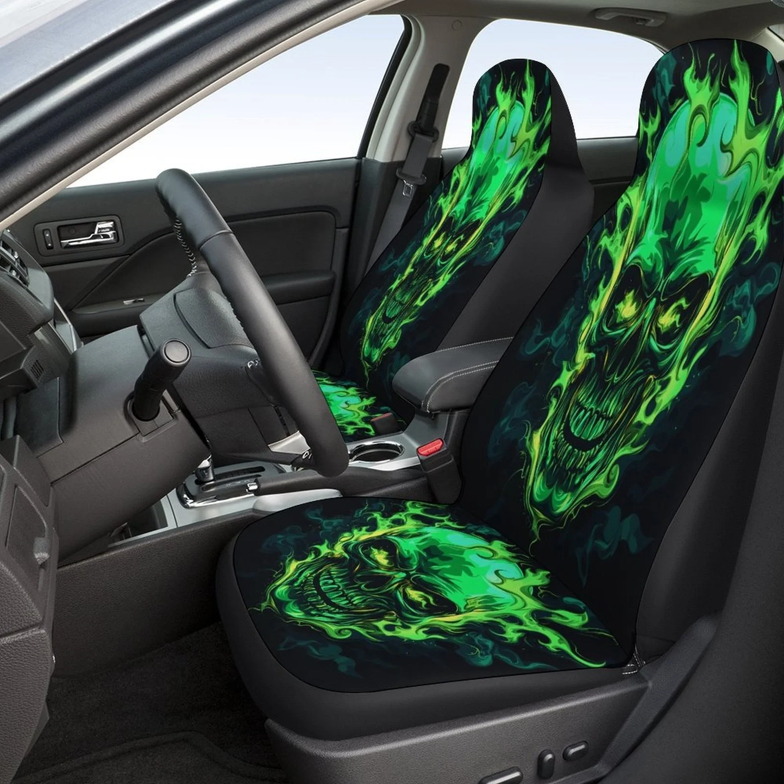 Fiery Green Skull Themed Car Seat Cover Set For Most Cars, Fashion Novelty Car Seat Protector Covers Full Set, Universal Car Sea