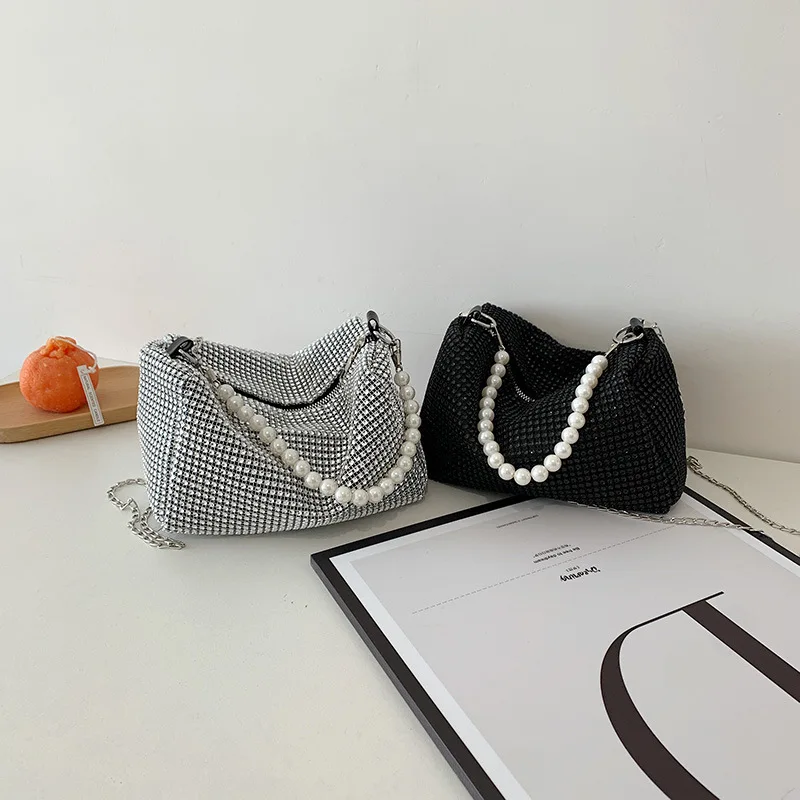 French Girl Evening Bag Fashion Ladies Shoulder Crossbody Bag Women\'s Crushed Diamonds Chain Women\'s Bag Pearl Shoulder Strap