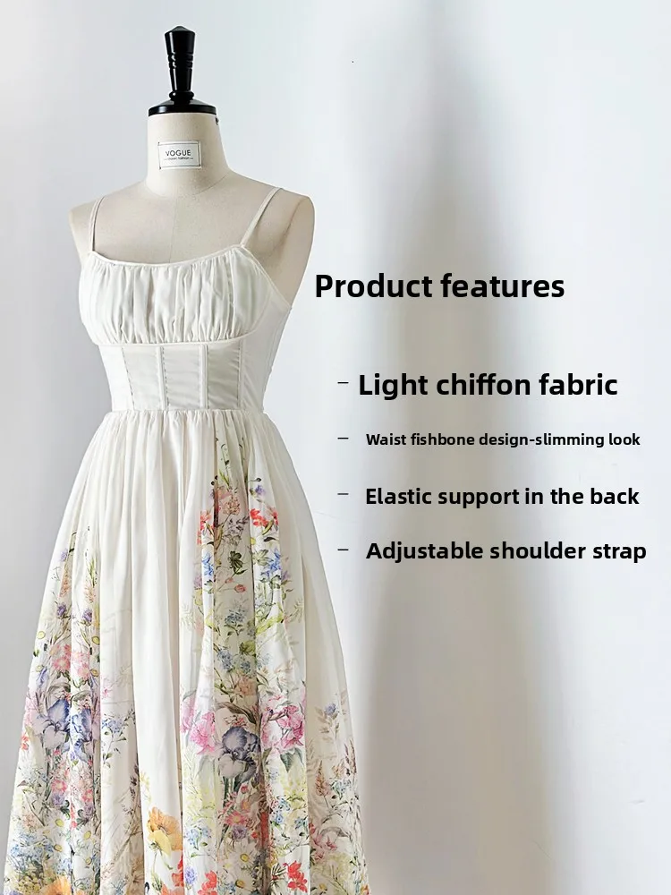 Letnia sukienka Fibone Beach Dr, damska sukienka na ramiączkach, Vaion Sle, z nadrukiem, łączona, z podkreśloną talią, wyszczuplająca, rozkloszowana spódnica midi.