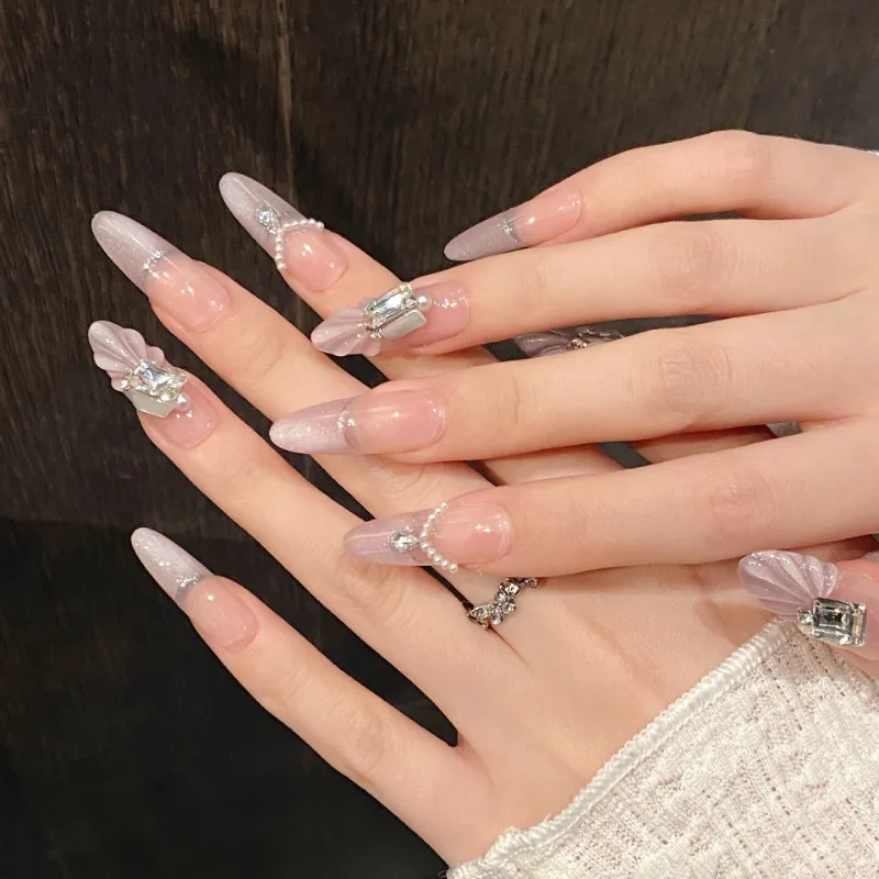 Handgemaakte pers op nagels Paars Cat Eye Kunstnagels 3D Shell Franse lange nepnagels Dames Prothetische nagelset met doos en gereedschap