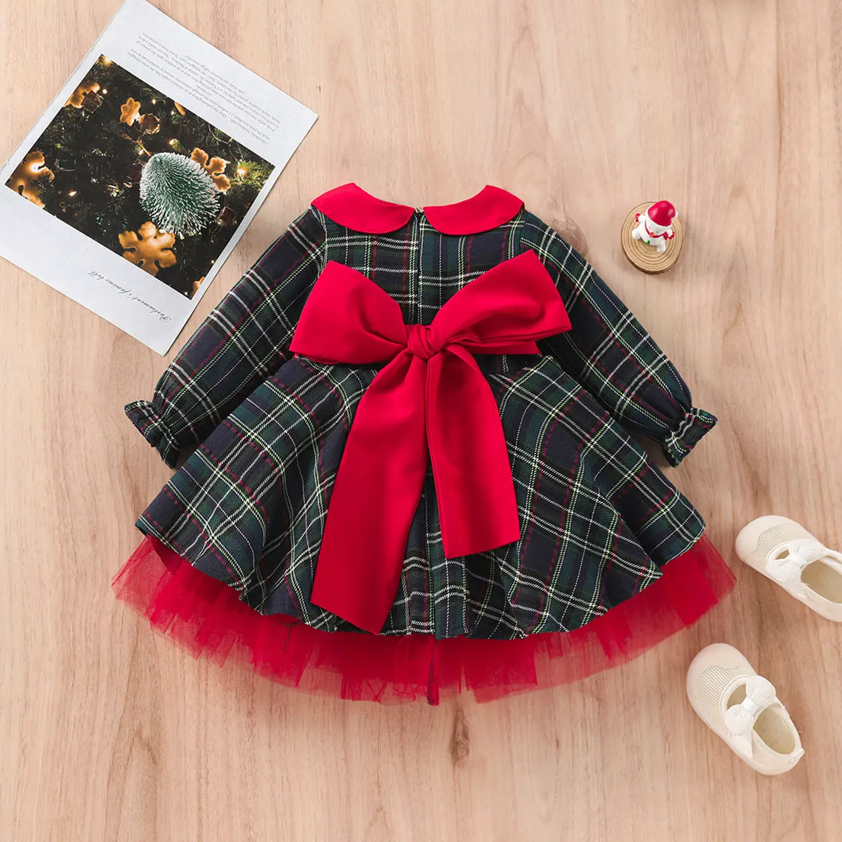 Sweet Baby Girls Red Plaid Big Bow Lolita Dress For Kids Christmas Santa Claus Ceremony Wedding Birthday Party New Year Gown