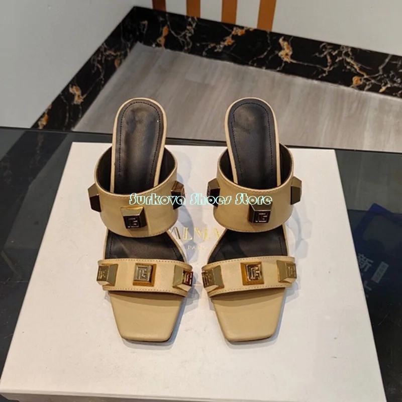 Square Toe High Heels Slippers 2024 Summer Rivet Design Metal Buckle Thin Heels Pumps Punk Style Summer Slip on Women Shoes