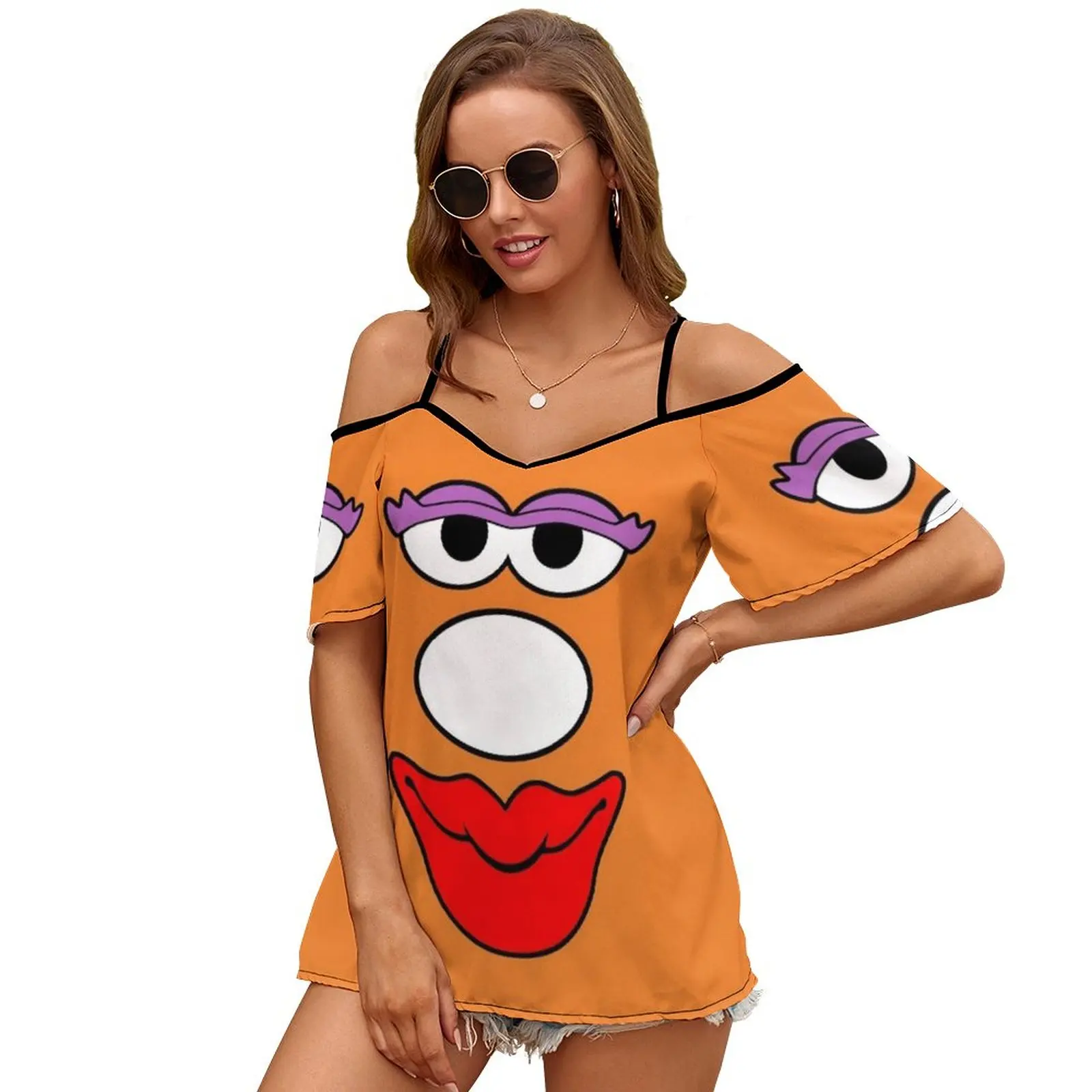 Mrs Potato Head Women\'S T-Shirt New Fashion Printed Zipper V-Neck Short Sleeve T Shirts Casual Plus Size Head Potato Face Pope