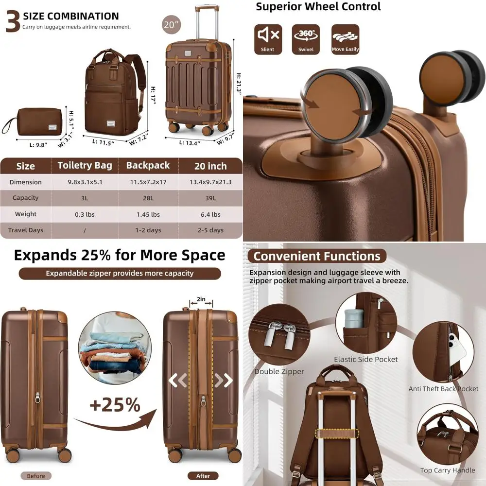

3-Piece Expandable Hardshell Luggage Set with TSA Lock, 22 Carry-On, Lightweight Suitcase for Women, Travel Backpack Included, M