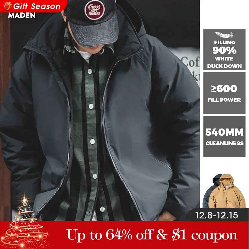 Maden Winter Hooded Down Jacket for Men White Duck Down Filling Thickened Warm Outer Coat Outdoor Windproof Parkas Black Jacket