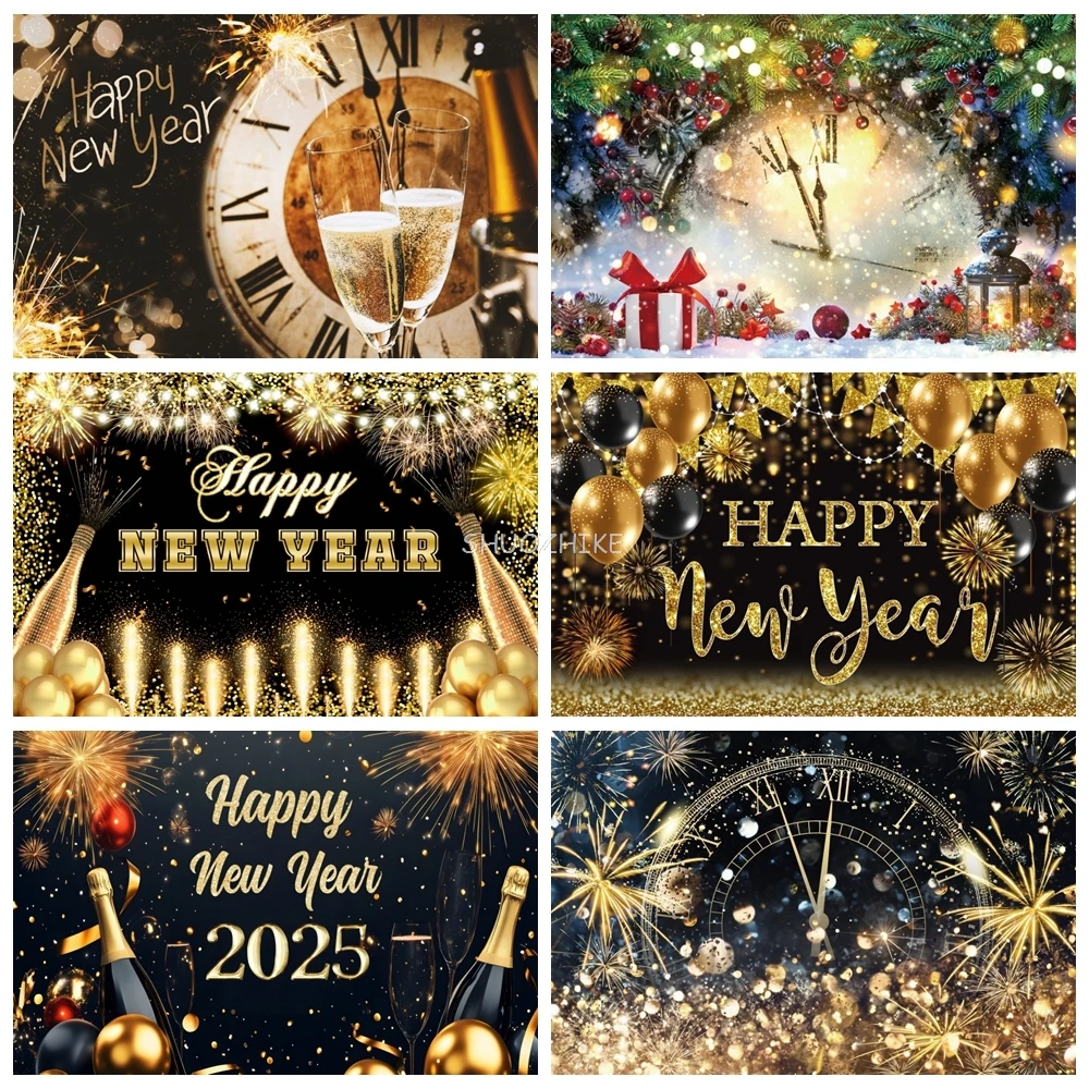 

Happy New Year Backdrop for Photography Firework Light Bokeh Clock Champagne Christmas Background New Years Eve Banner