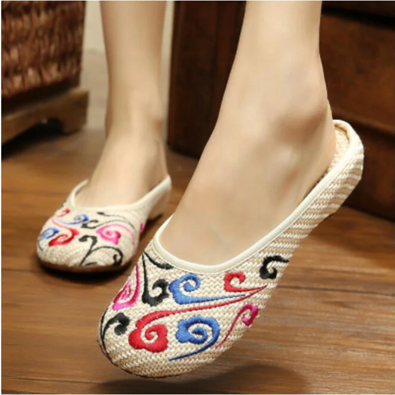 fashion National style embroidered sequined flowers embroidered slippers canvas shoes exotic wind Female cool slippers