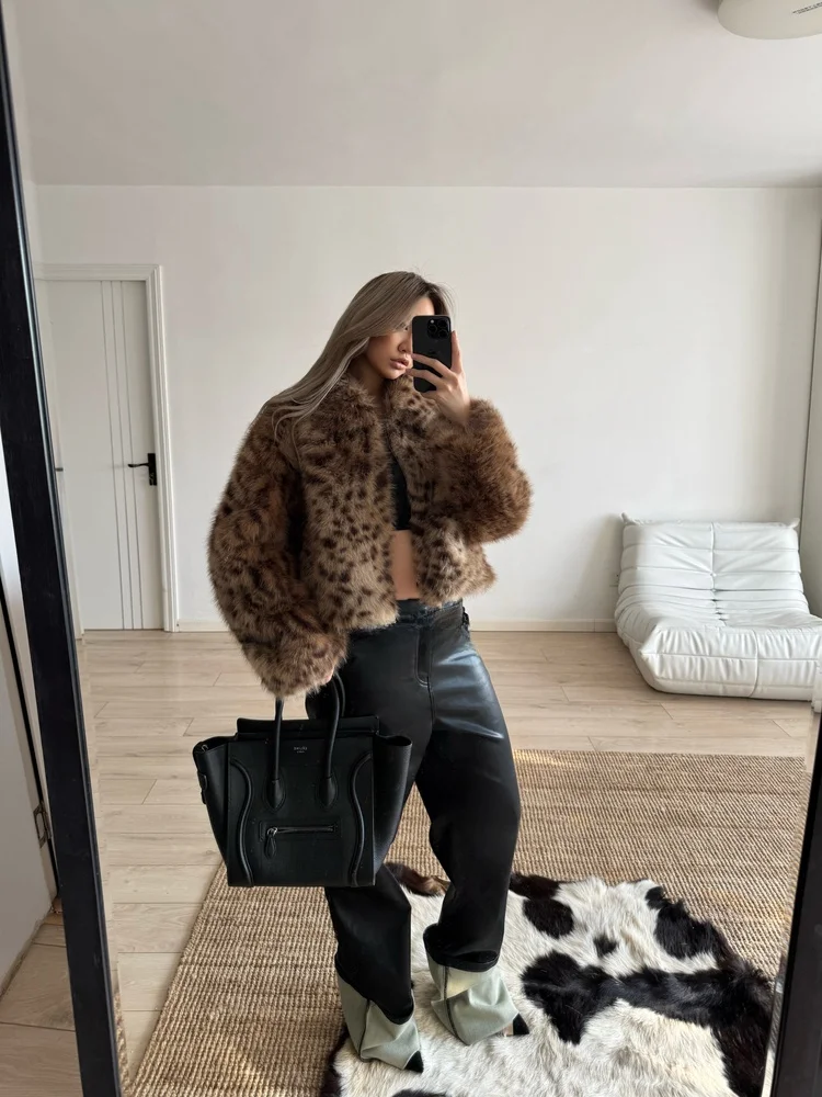 

Очаровательное меховое пальто с леопардовым принтом и застежкой-молнией, винтажная женская верхняя одежда, дышащая удобная осенняя одежда...