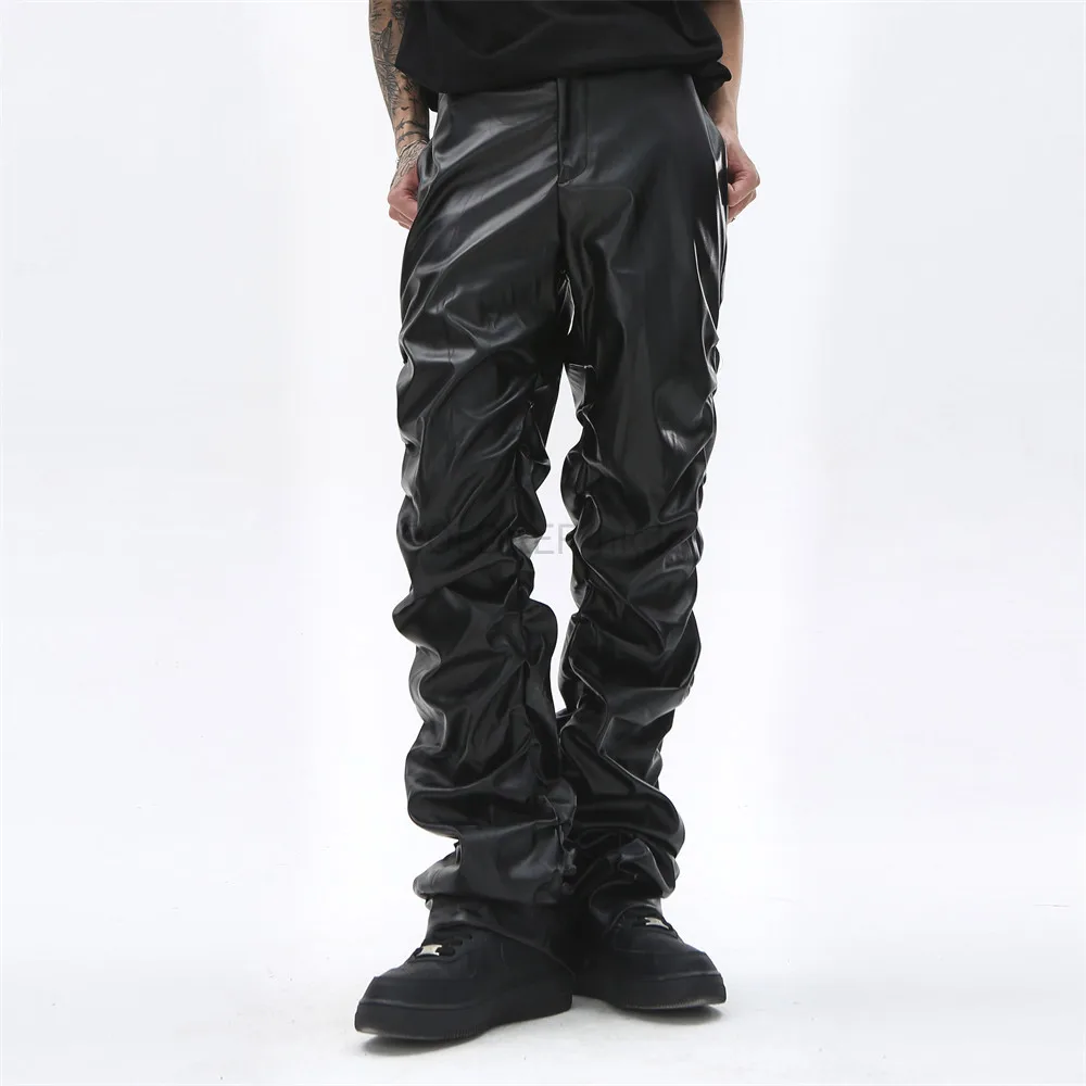 Designer Mens Pleated Pu Leather Pants High Street Trousers Y2k Hip Hop Punk Pants Casual Streetwear Grunge Clothes Black