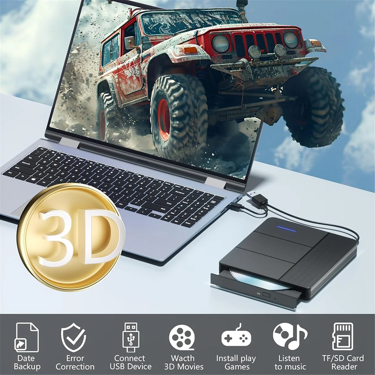 محرك بلو راي خارجي AT59 7 في 1، قرص دعم R/W BD DVD مشغل أقراص مضغوطة، شعلة محمولة USB3.0 SD/TF فتحة بطاقة