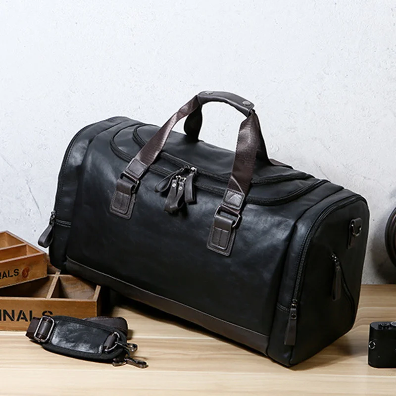 Business Soft Leather Men Travel Bag Large Capacity Hand Luggage Bag Weekend Fitness Gym Bag For Male Duffel Shoulder Bags