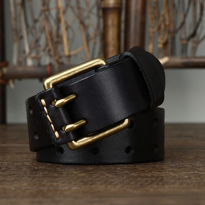 Herren Ledergürtel 3,8 cm * 105-125 cm Doppeldornschließe Gürtel Oberschicht Rindsleder Echtes Vintage Kupfer Dekor Jeans Männlicher Bund – Detail 6