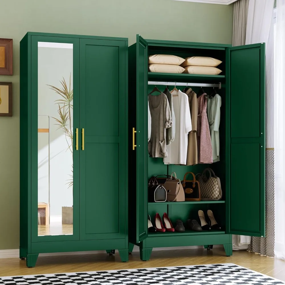 

Metal Armoire Wardrobe Closet, 71 Tall Bedroom Closet with Mirror, Adjustable Shelves, and Hanging Rod, Steel Clothes Cl