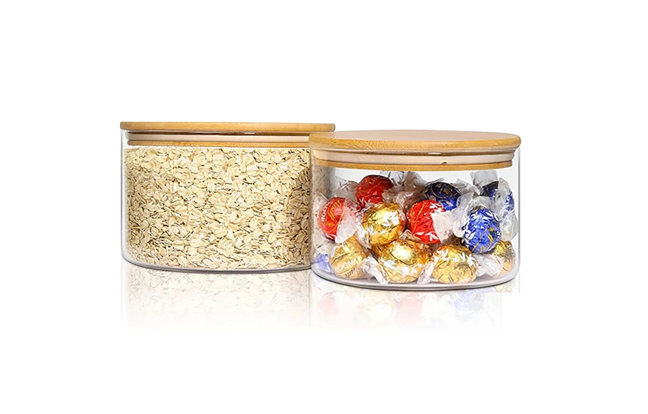 

7.1-inch wide mouth large glass jar food storage container with 44 oz sealed lid 2-piece set for rice/oats/cereal/cookies