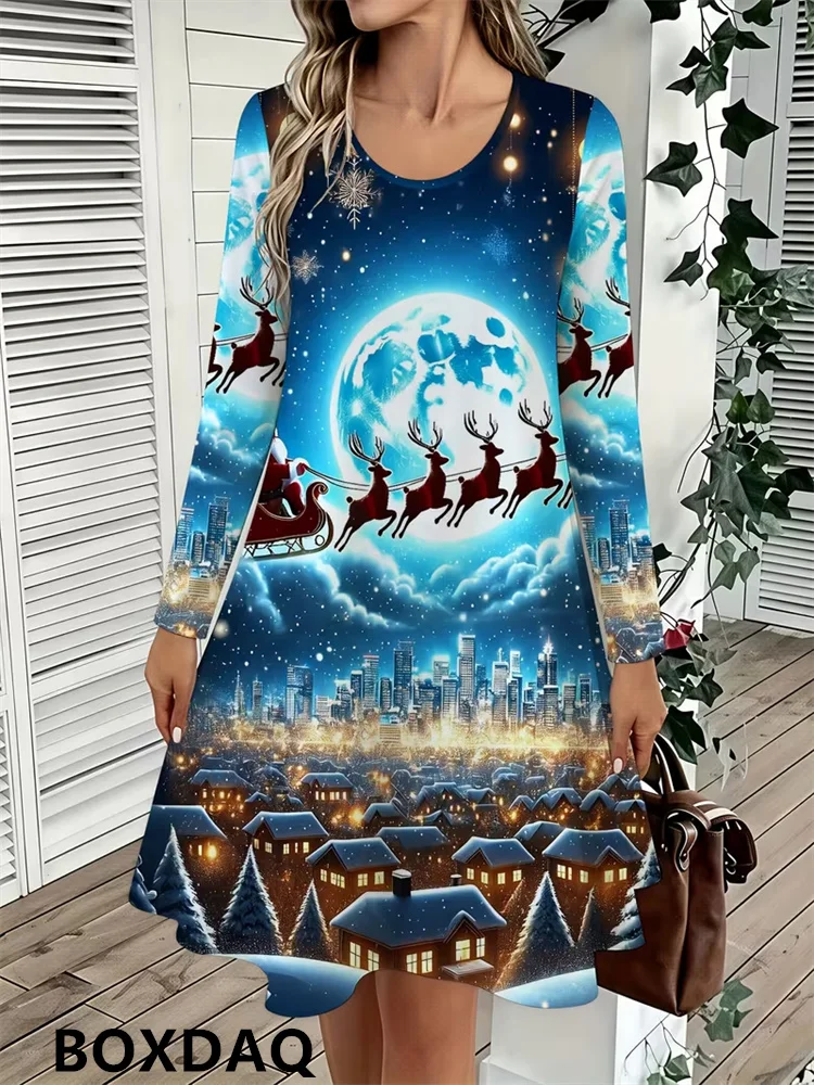 Round-Neck 3D Christmas Elk Printed Women Mini Dresses Long Sleeve Autumn/Winter Festival Fashion Casual Party Dress