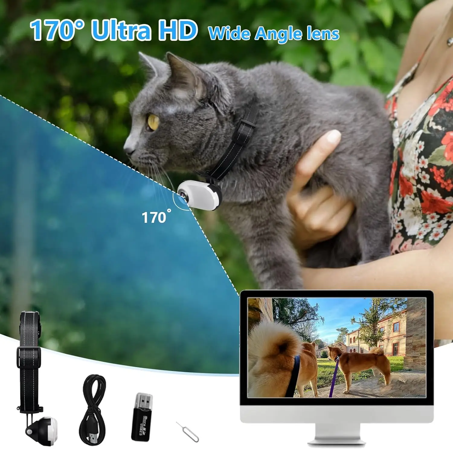 High Definition 1080P Dog Tracker Collar, No Need for WiFi Cat Collar, Sports/sports Camera with Video Recording