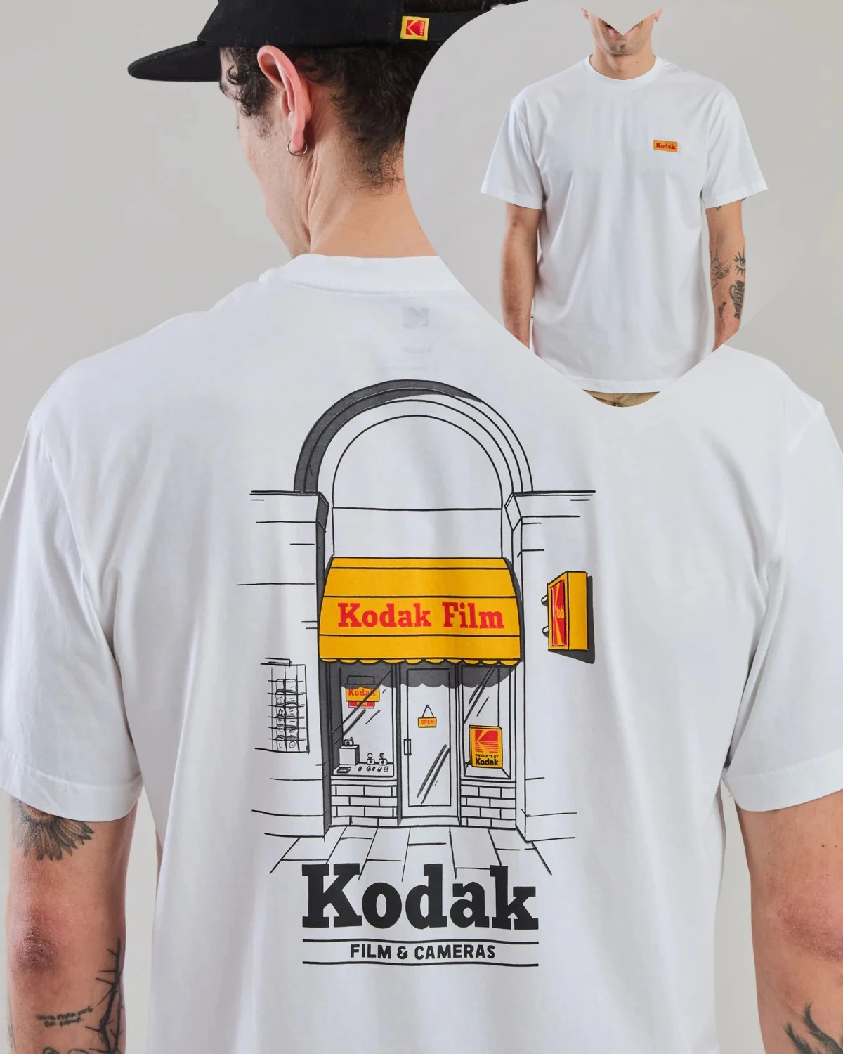 Camiseta Masculina Estampada Kodak Film Camera Shop Front Back, 100% Algodão, Oversized, Estilo Vintage Streetwear, Branca, Nova Coleção 2026, Vestuário Masculino