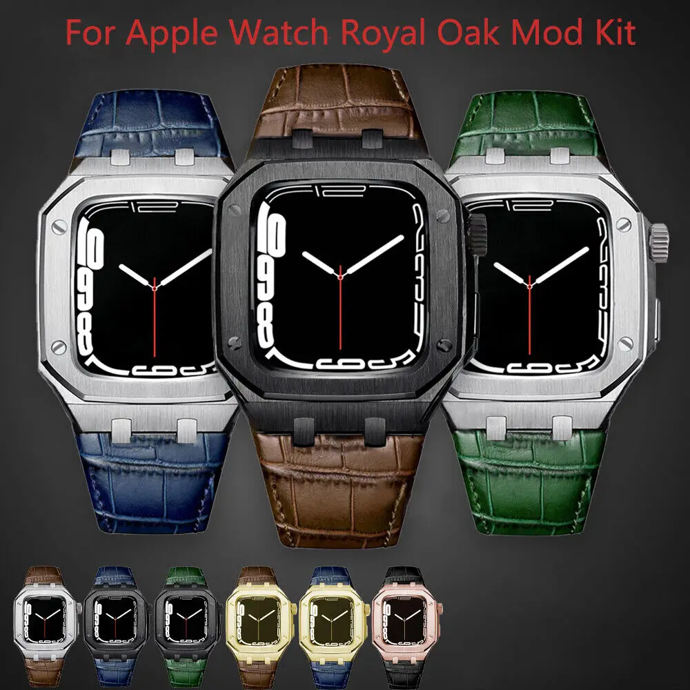 

Stainless Steel Case For Apple Watch 8 7 6 5 4 SE SE2 Oak Mod Kit 44mm 45mm Stainless Steel Watch Band Strap Rubber Leather Band