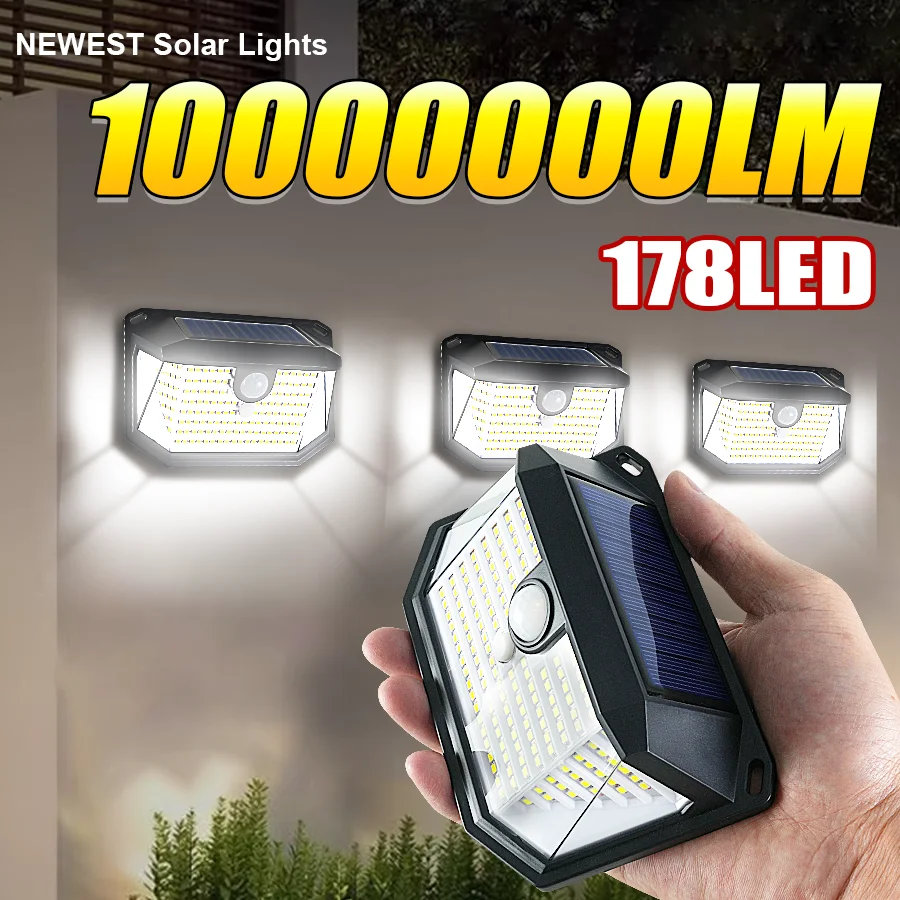 

10000000LM 178LED Solar Lights Outdoor Wall Lamp 270°Lighting Angle IP65 Waterproof Motion Sensor Patio Garden Door Street Light