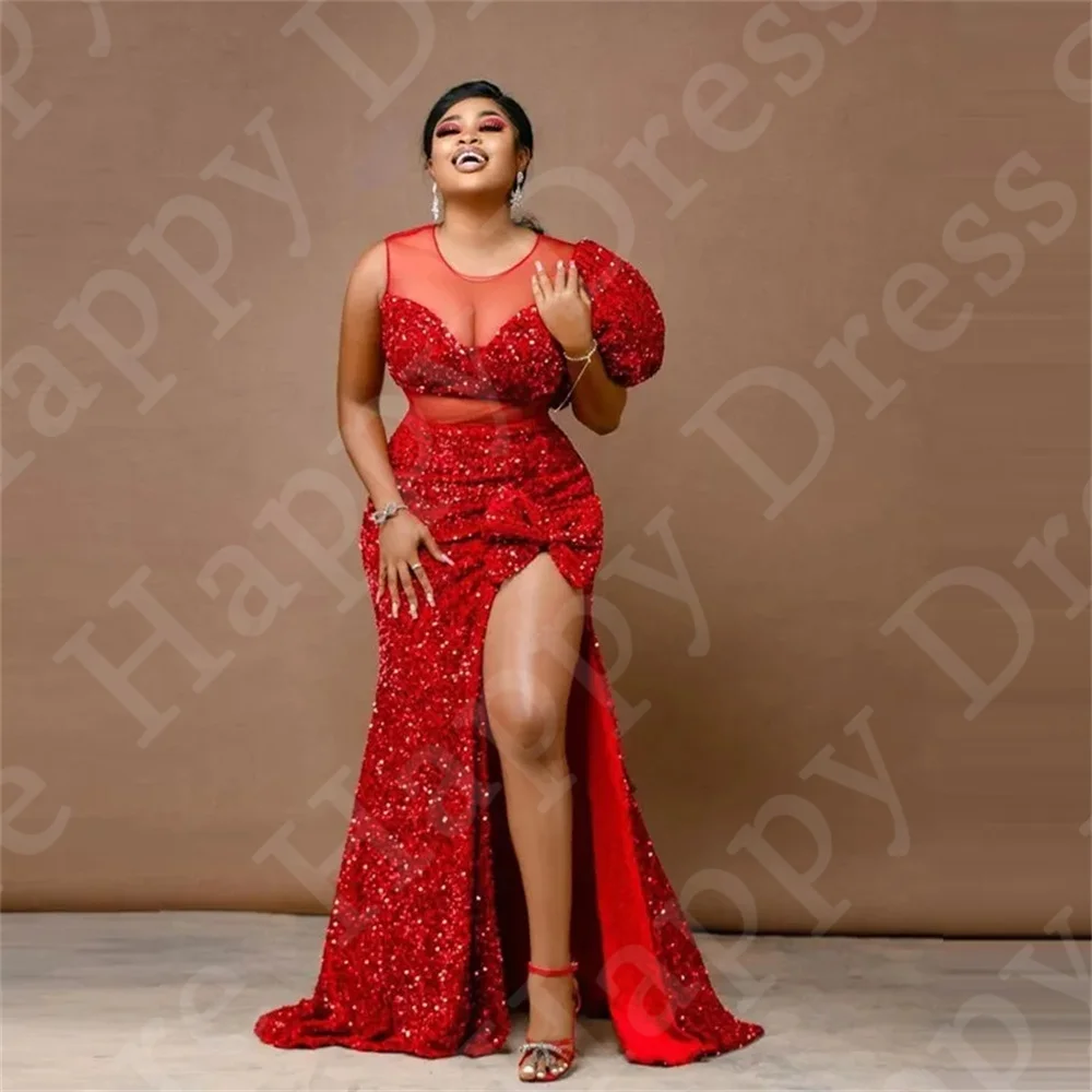 Vestido sexy de coquetel com decote em o, vestido brilhante de lantejoulas, vestido sereia de um ombro, vestido plus size, divisão alta, longo, vermelho, novo