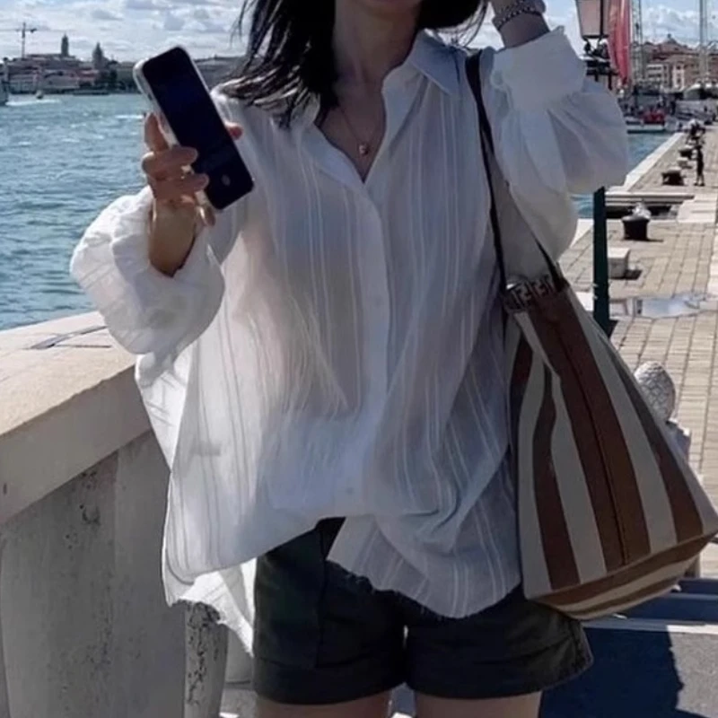 

Song Huaiqing Same Style Shirtmi * очень полосатая хлопковая рубашка с длинными рукавами и защитой от солнца, легкая рубашка в корейском стиле для женщин