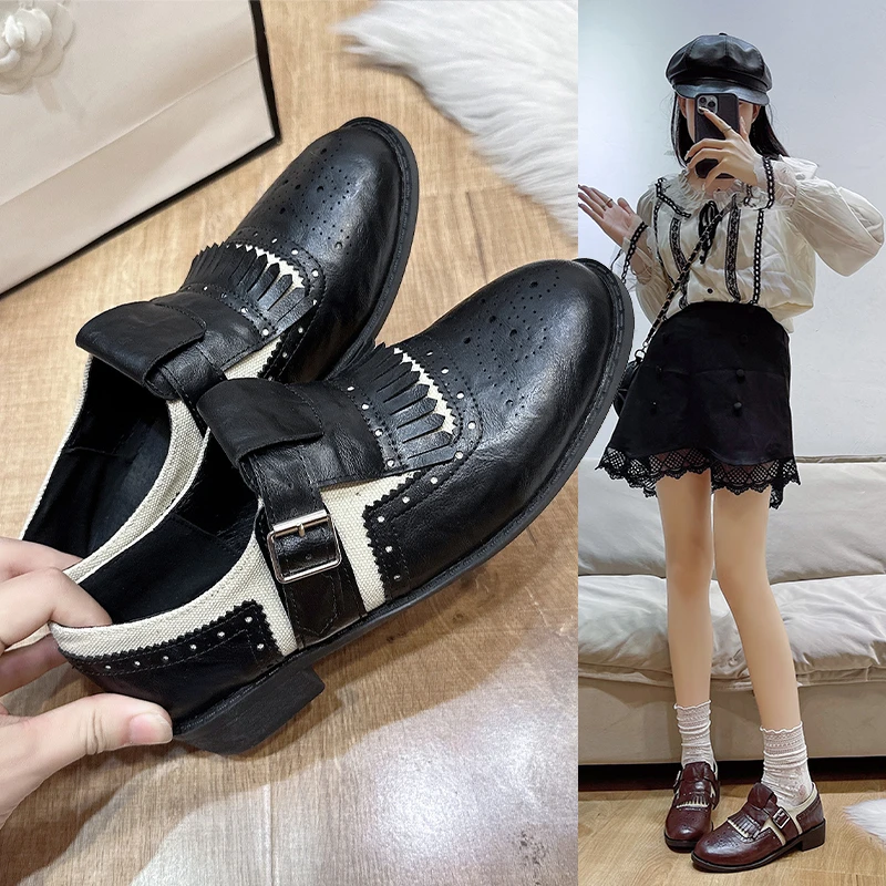 

New Brown Tassel Heels 2024 Round Toe Short Heel Buckle Tassel Women's Loafers Shallow Sexy Shoes