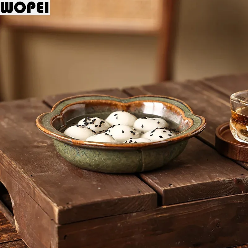 Flame-Killed Ceramic Plate Flower Edge Dessert Plate Thick Soup Plate Fruit Salad Plates Pasta Plates Restaurant Tableware