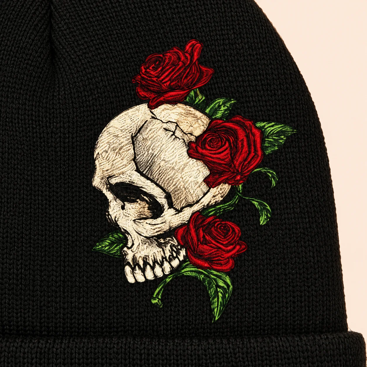 1PC Gothic Skull & Rose Black Beanie with Raven and Jack-O’-Lantern Print, Unisex Cuffed Knit Hat for Halloween and Streetwea