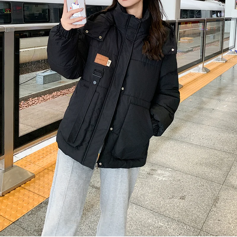 Women\'s Winter High Collar Long Sleeve Hooded Pike Cotton Jacket 2000s Japanese Street Clothing College Emo Jacket 2024 Clothes